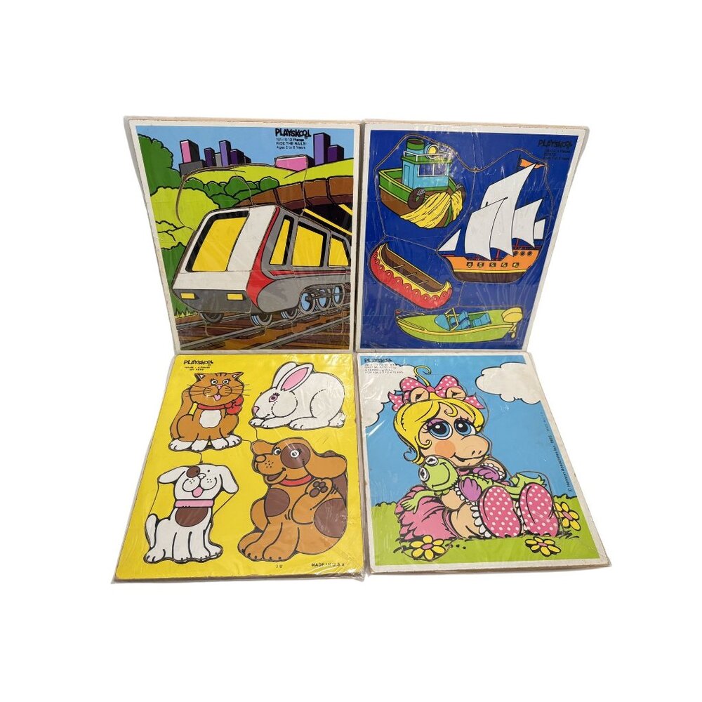 Vintage Playskool Wooden Puzzles Pets Miss Piggy Boats Ride the Rails Train Lot